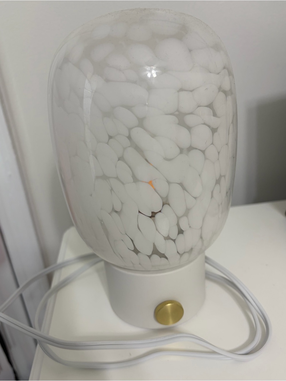 Retro White Speckled Glass Table Lamp with Brass Accent- dimmable!